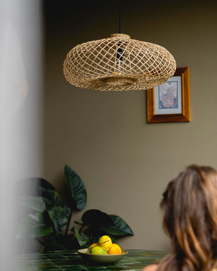 Handwoven Rattan Pendant Shade | Kibuyu in Japandi Dining Room