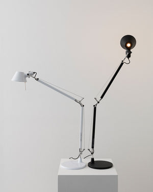 Two adjustable desk lamps on a white pedestal against a light gray background. One lamp is white with a white shade and arm, and the other is black with a black shade and arm.