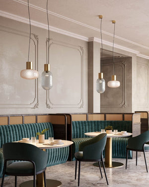 Designer Perfume Bottle Glass Pendants hanging in a retro restaurant