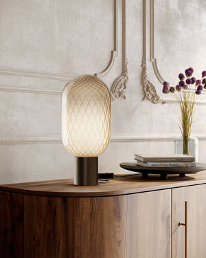 Designer Perfume Bottle Inspired Glass Lamp | Bloom | Bronze on a wooden console table
