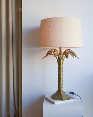 Eclectic Palm Tree Antique Brass Table Lamp | Linen Shade | Lighting Collective