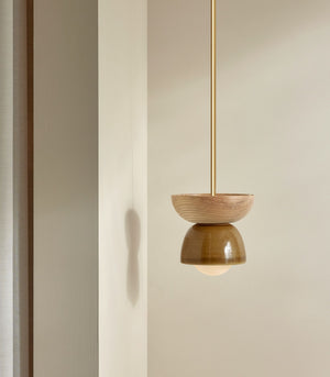 Suspended Terra Pendant Ceramic Dome | Solid Rod | Chartreuse | Ash | Brass | Lighting Collective