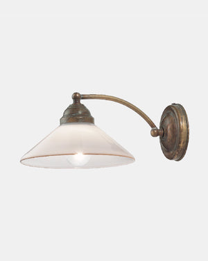 Antique brass and murano glass farmhouse style wall light with a cone shape