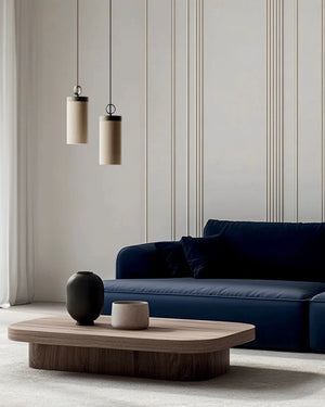 Contemporary Linen Cylindrical Pendant Light in a minimalistic living area