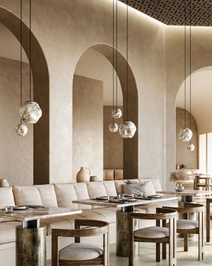 Refined Textured Glass Pendants small and large sizes displayed as clusters in a coastal restaurant