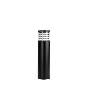 Louvred LED Bollard Light in black aluminium, 600mm tall, with stacked blades inside its clear head.
