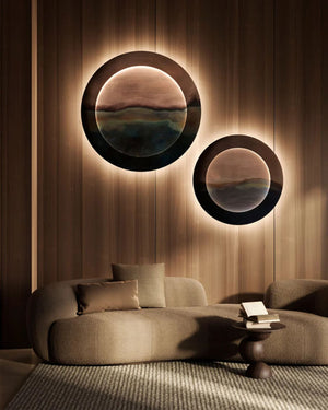 Mediterranean Marea Wall Light pair illuminated on timber panelled wall above lounge seating