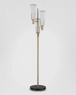 Modern floor lamp with three white glass shades on a gray background