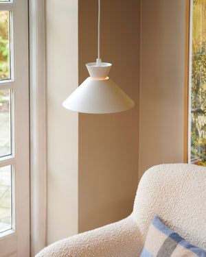 White Nordic Small Sized Pendant hung in Warm Living Room