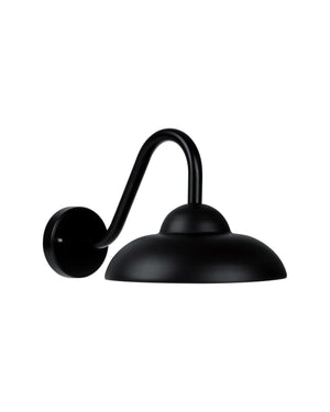 Open Dome Wall Light in black, a 250mm shade with a clean open rim on a swan neck arm.