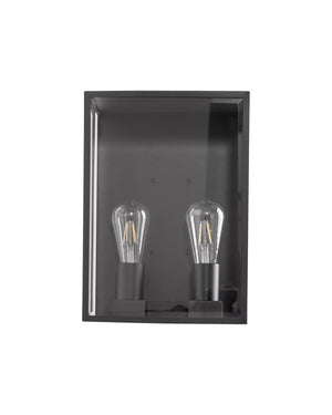 Outdoor Box Double Wall Light in black, two filament globes side by side behind clear glass
