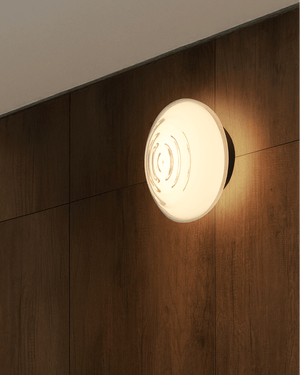Flat glass disc wall light with wave texture mounted on wooden wall