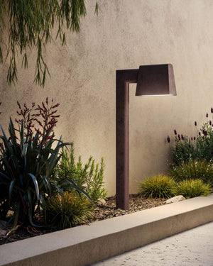 Rectangular Shade Bollard Light illuminating a pathway