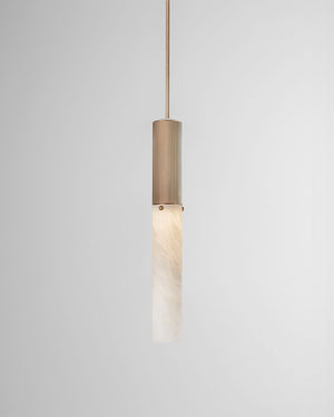Slim cylindrical pendant with antique brass frame and matching drop rod suspension, with an alabaster shade