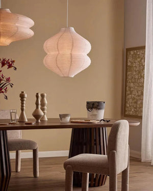 Bulbous Ribbed Paper Pendant Styled Above Japandi Dining Room