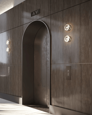 Wooden panel with arched design and decorative lights