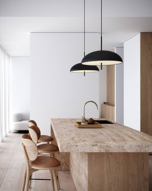 Double Installation of the Black Scandinavian Wide Dome Pendant placed in a modern kitchen - Lighting Collective 