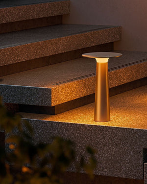 Gold outdoor lamps on stone steps with warm glow