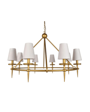 Gold chandelier with white lampshades on a white background