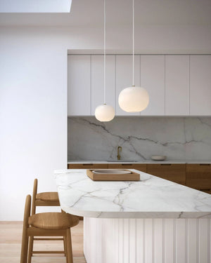 Spherical Opal Glass and Brass Pendant In Marble Kitchen - Lighting Collective 
