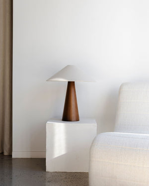 Timber and Linen Table Lamp Styled in a Minimalist Bedroom