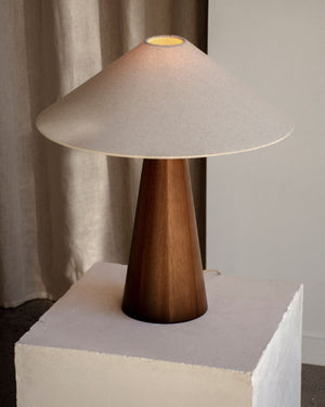 Timber and Linen Table Lamp Styled in a Minimalist Bedroom