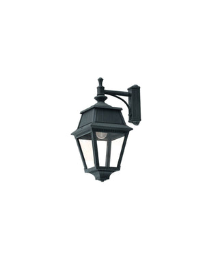 British Green lantern wall light suspended from bracket with downward-facing glass panel sides