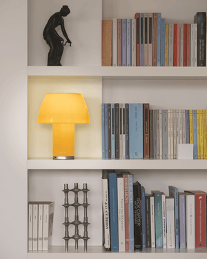 Bookshelf with books, a lamp, and decorative items.