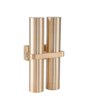 Gold cylindrical wall sconce on a white background